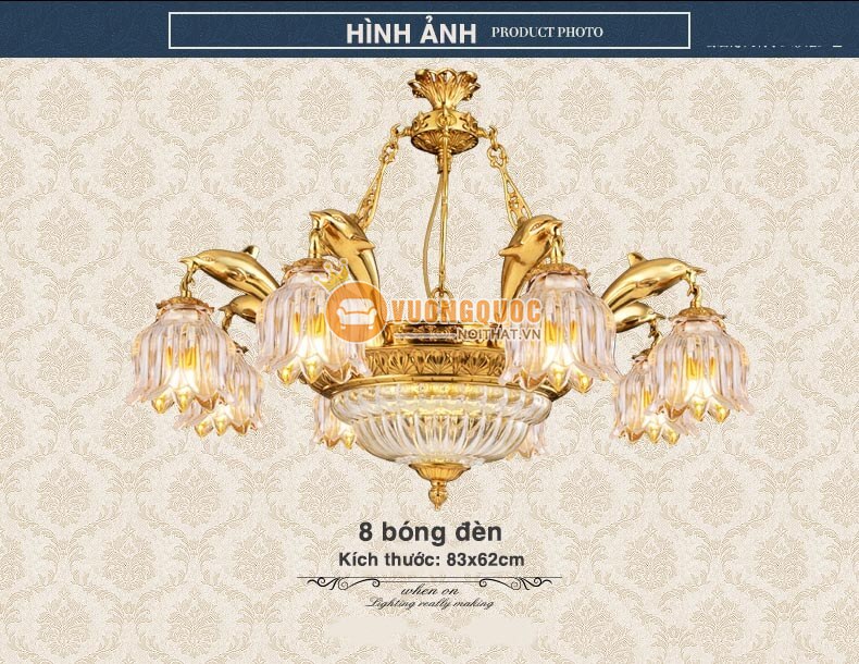 Đèn chùm đồng hiện đại hoa thủy tinh abr181-7